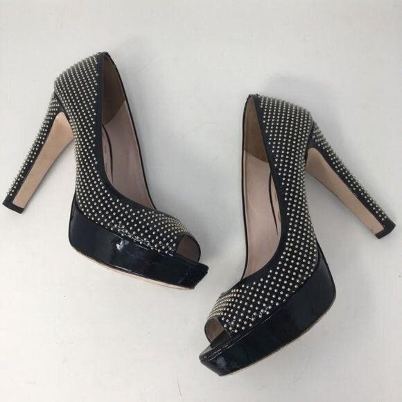 Miu Miu PRADA Shoes Heels Pumps Black Patent Studs Peep Toe Italy 39 - Picture 7 of 14